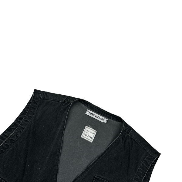 Stone Island 80s Vintage Blue Reflective Spellout Denim Vest - Medium