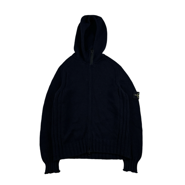 Stone Island 2003 Navy Wool Hooded Knit Jumper - Medium