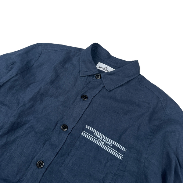 Stone Island 2017 Navy Linen Marina Spellout Shirt - XL