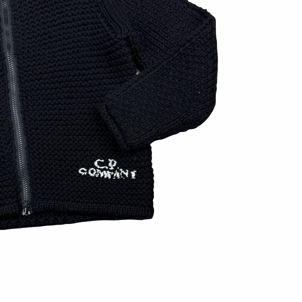 CP Company Black Heavyweight 100% Wool Handmade Knitted Zipped Hoodie - Medium
