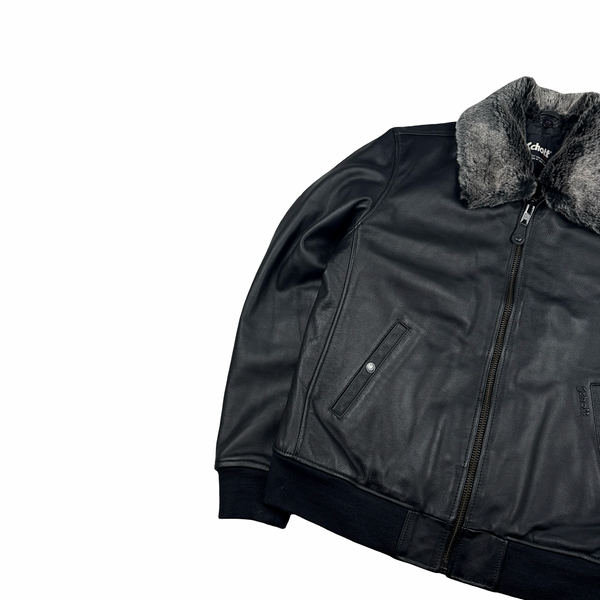 Schott Black Leather Shearling Collar Jacket - Large
