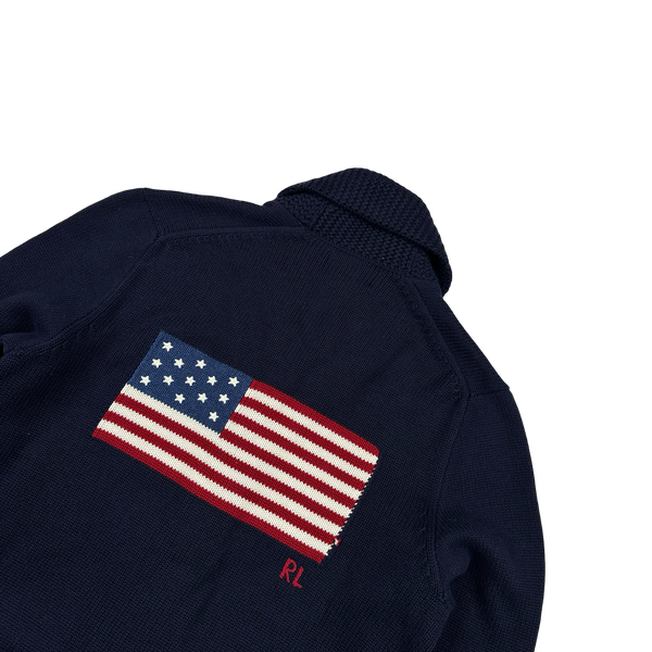 Ralph Lauren Navy Wool Knit Buttoned Flag Jumper - Medium