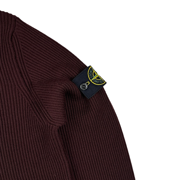 Stone Island 2023 Burgundy 100% Wool Ribbed Jumper - Medium