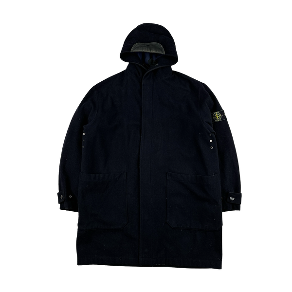 Stone Island 1998 Navy Green Edge Wool Long Parka Jacket - Large