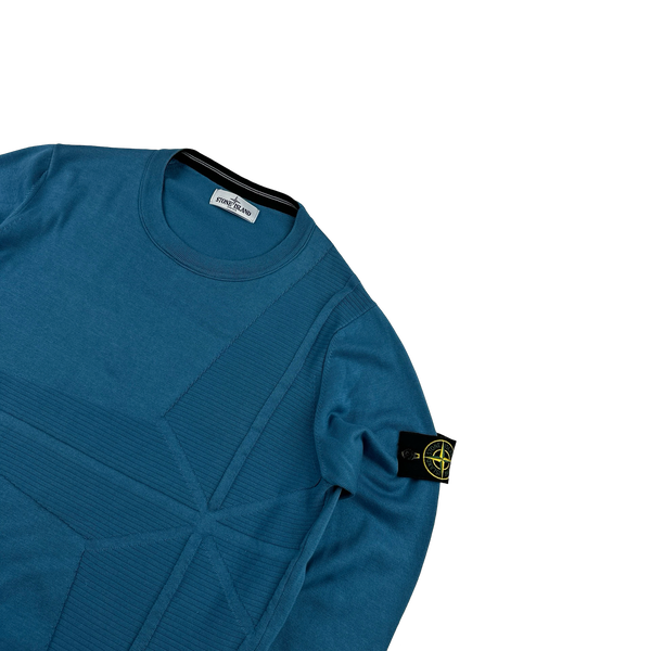 Stone Island 2013 Blue Compass Embossed Knit Cotton Jumper - Large