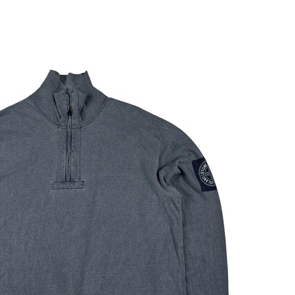 Stone Island 2002 Blue Cotton Quarter Zip Spellout Compass Pullover - XL