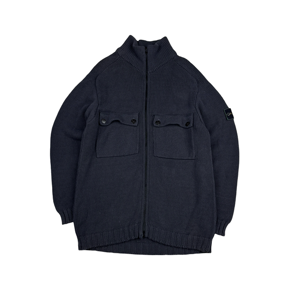 Stone Island Vintage Green Edge Grey Thick Knitted Cotton Jumper - Large