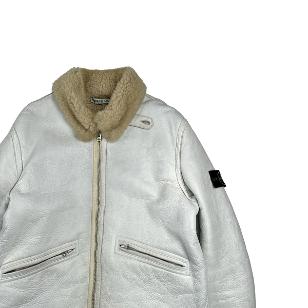 Stone Island 2005 White Hand Painted Lambskin Leather Thick Shearling Jacket - XL