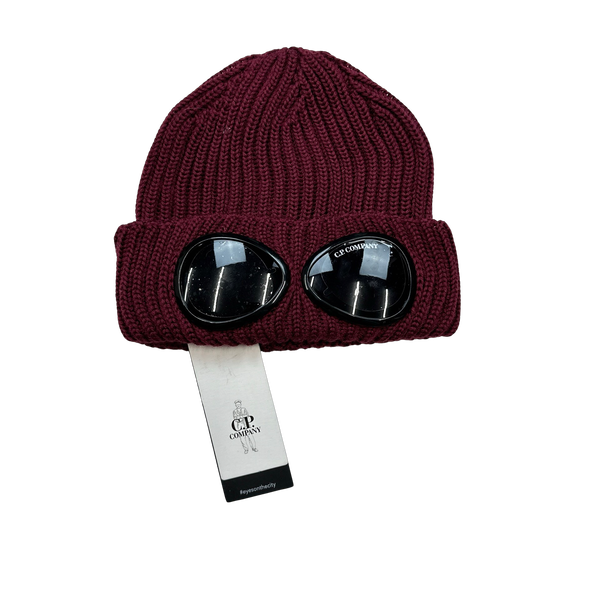 CP Company Red Thick Ribbed Merino Wool Goggle Beanie