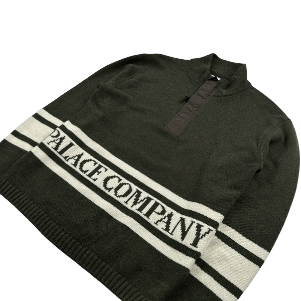 CP Company Green Wool Quarter Zip Knitted Spellout Jumper - Small