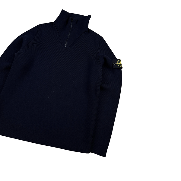Stone Island Navy Wool Ribbed Zipped Neck Knit Jumper - Medium