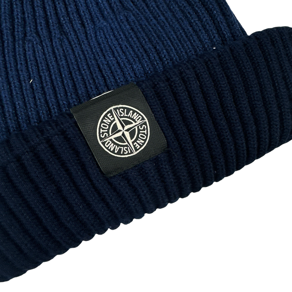 Stone Island Navy Blue Ribbed Logo Patch Beanie