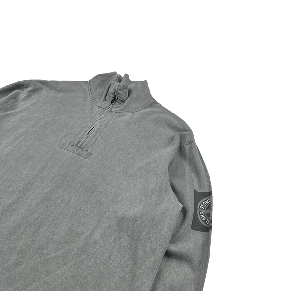 Stone Island 2002 Grey Cotton Quarter Zip Spellout Compass Pullover - XL