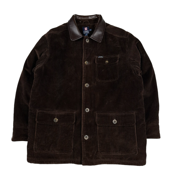 Ralph Lauren Chaps 90's Brown Corduroy Flannel Lined Leather Collar Jacket - Large