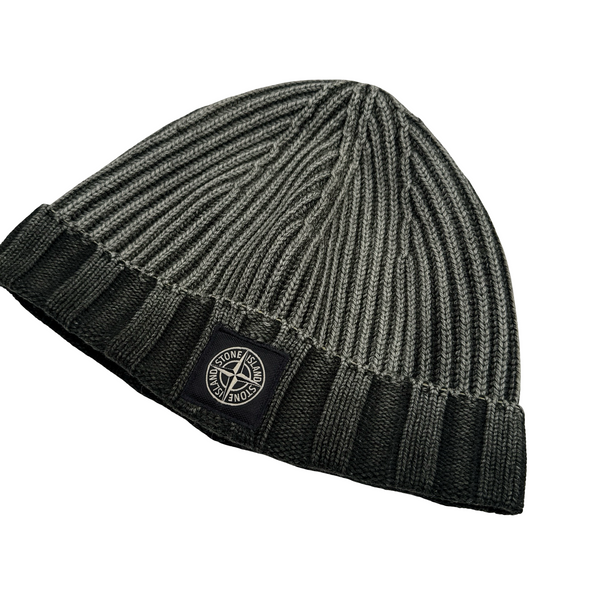 Stone Island Washed Green Ribbed Logo Patch Beanie