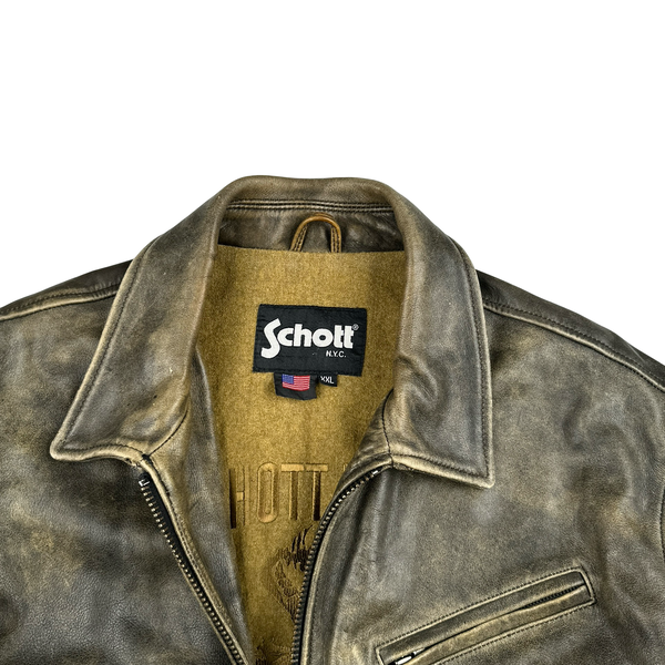 Schott Brown Cowhie Cuir Vachette Leather Zipped Collar Jacket - XXL