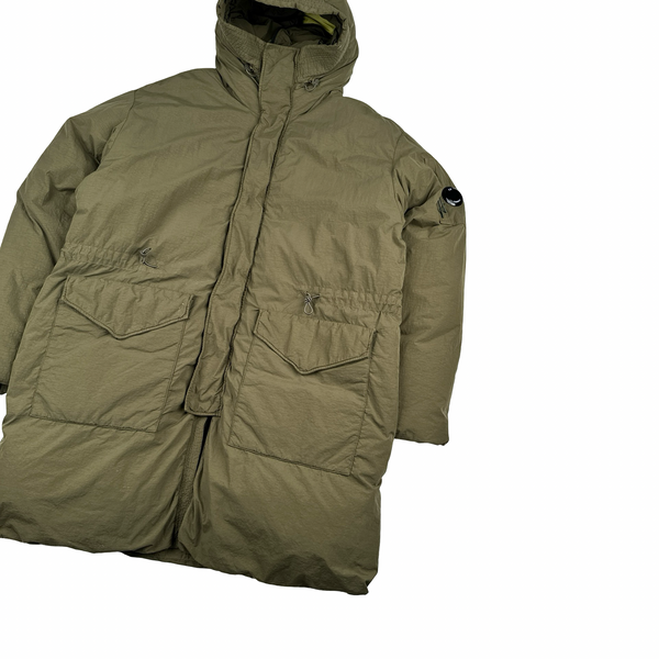 CP Company Khaki Flatt Nylon Extractable Down Filled Lens Viewer Long Puffer Jacket - XL