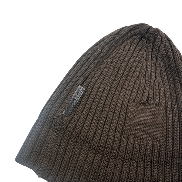 Prada Brown Tab Wool Spellout Beanie