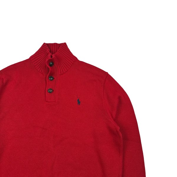 Ralph Lauren Red Cotton Knit Quarter Button Jumper - Medium