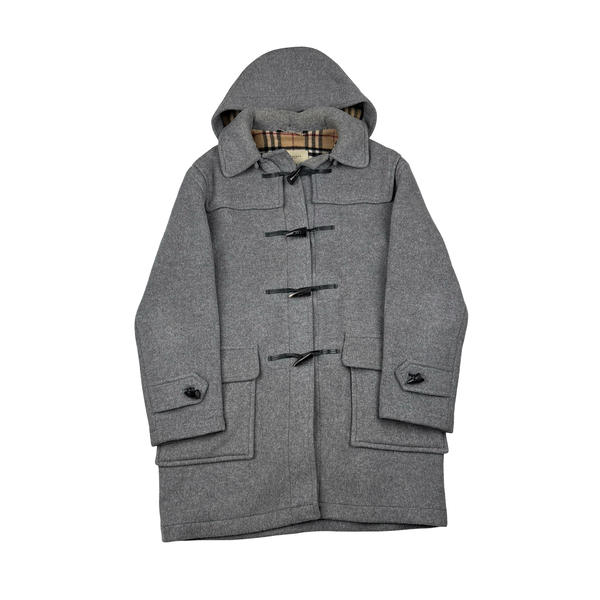Burberry Grey Wooden Toggle Classic Check Lining Wool Duffle Coat - XL