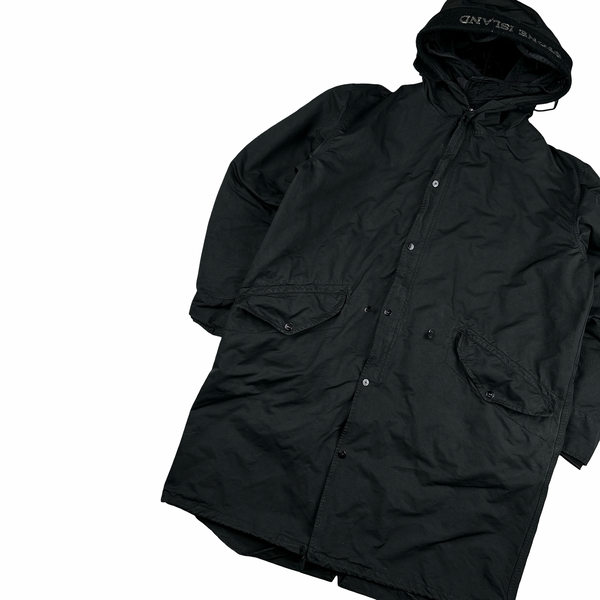 Stone Island 2007 Black David TC Dutch Liner Spellout Hood Long Parka Jacket - XXL