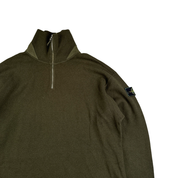 Stone Island Vintage 1994 Khaki Quater Zip Green Edge Wool Blend Jumper - XXL