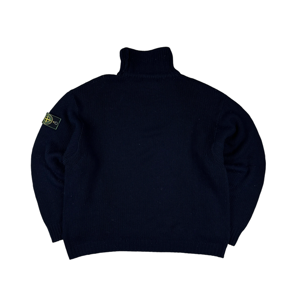 Stone Island 1995 Navy Knitted Green Edge Mock Neck Pullover - XL