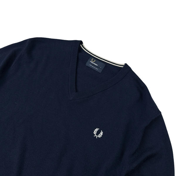 Fred Perry Merino Wool Navy V Neck Knit - Large