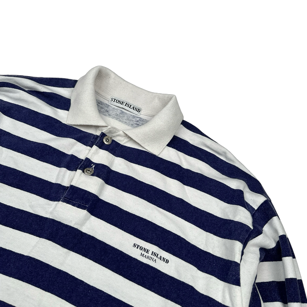 Stone Island Vintage 80's Cotton Blue Striped Marina Longsleeve Polo - Medium