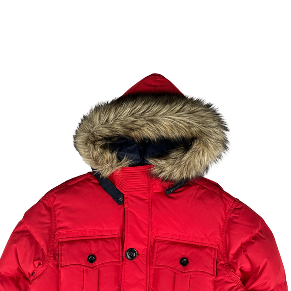 Ralph Lauren Red Down Filled Fur Hood Trim Puffer Jacket - Small