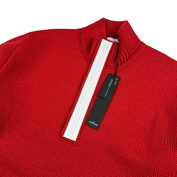Stone Island 2025 Marina Red Quarter Zip Pure Wool Knit Spellout Jumper - Large
