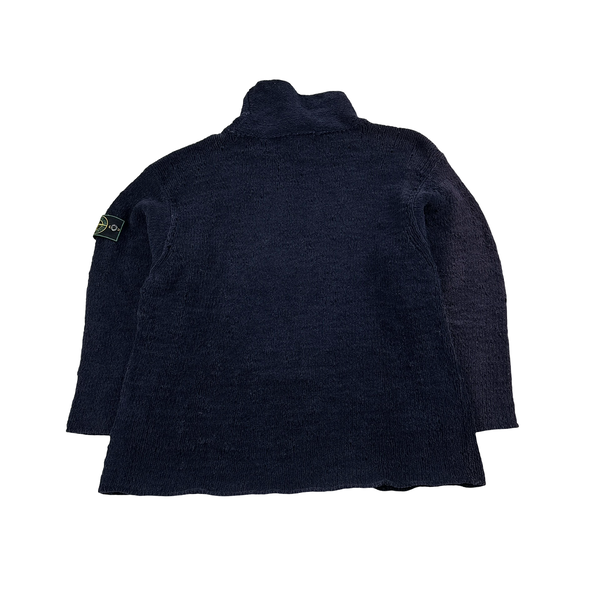 Stone Island 1995 Navy Knitted Chenille Green Edge Mock Neck Pullover - XL