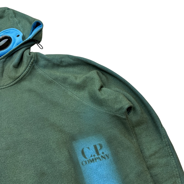 CP Company Blue Cotton Sprayed Spellout Goggle Hoodie - Large