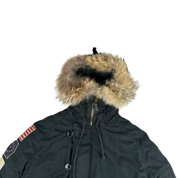 Ralph Lauren Black Down Filled Fur Hood Trim Puffer Jacket - Large