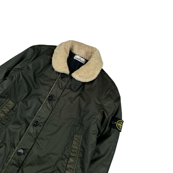 Stone Island 2015 Dark Green Mussola Gommata Sherling Flight Jacket - Medium