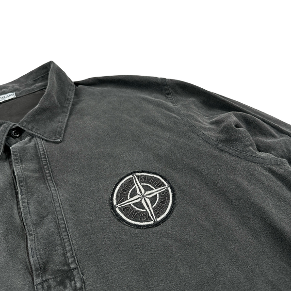 Stone Island 2005 Charcoal Longsleeve Cotton Embroiderd Compass Polo Top - XL