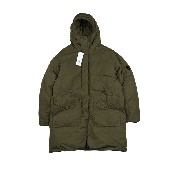CP Company Khaki Flatt Nylon Extractable Down Filled Lens Viewer Long Puffer Jacket - Large