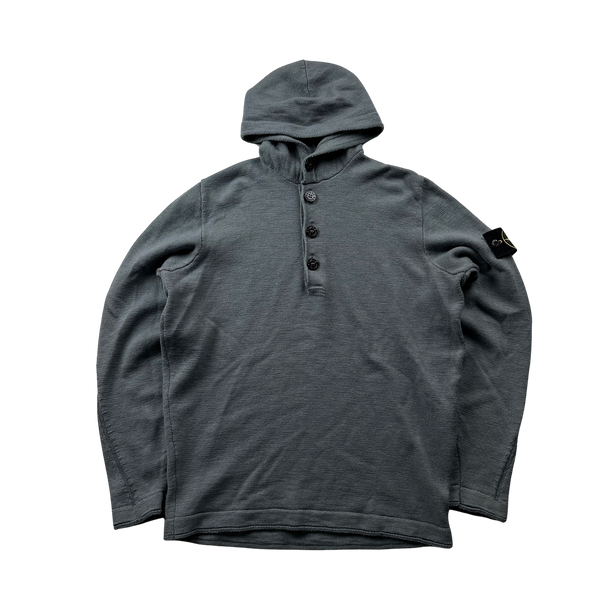 Stone Island Lightweight Grey Hooded Buttoned Knit Jumper - Large
