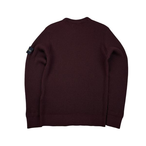 Stone Island 2023 Burgundy 100% Wool Ribbed Jumper - Medium