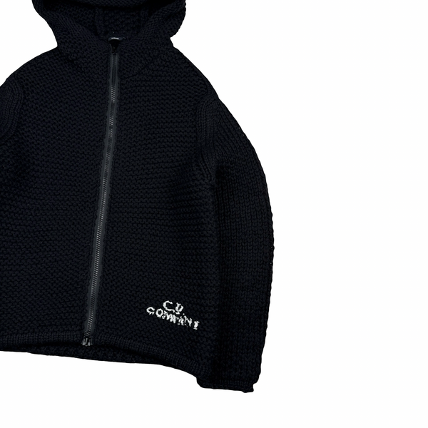 CP Company Black Heavyweight 100% Wool Handmade Knitted Zipped Hoodie - Medium