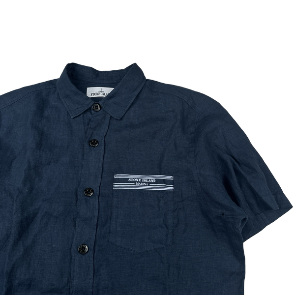 Stone Island 2017 Navy Linen Marina Spellout Shirt - XL