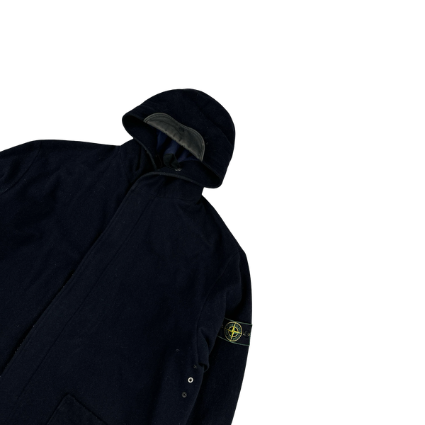 Stone Island 1998 Navy Green Edge Wool Long Parka Jacket - Large