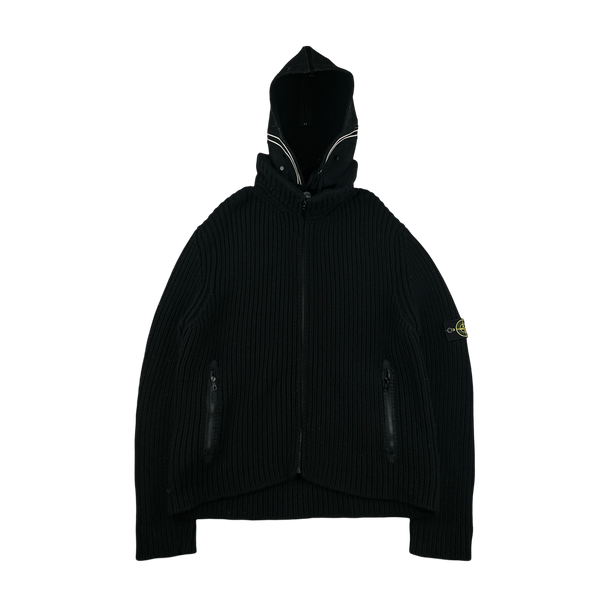 Stone Island 2006 Dutch Rope Hood Thick Heavyweight Wool Ribbed Zipped Knit Pullover - XXL