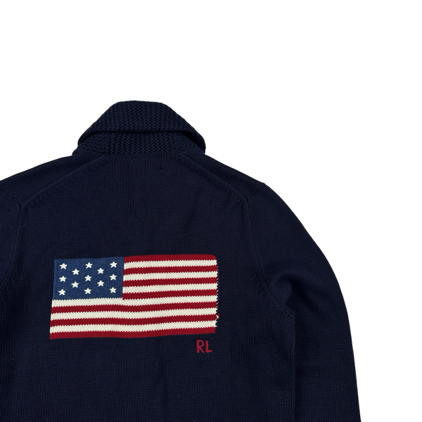 Ralph Lauren Navy Wool Knit Buttoned Flag Jumper - Medium