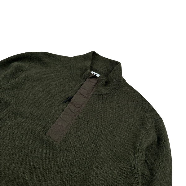 CP Company Green Wool Quarter Zip Knitted Spellout Jumper - Small