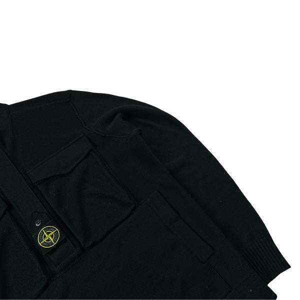Stone Island 2021 Black Ribbbed Knit Centre Badge Zipped Jumper - Large
