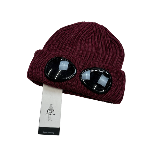 CP Company Red Thick Ribbed Merino Wool Goggle Beanie