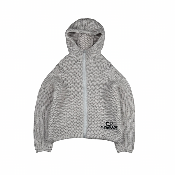 CP Company Grey Heavyweight 100% Wool Handmade Knitted Zipped Hoodie - Large