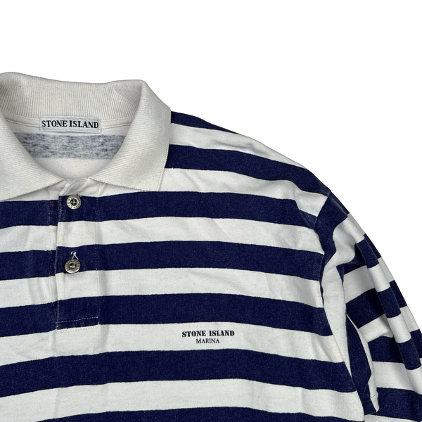 Stone Island Vintage 80's Cotton Blue Striped Marina Longsleeve Polo - Medium