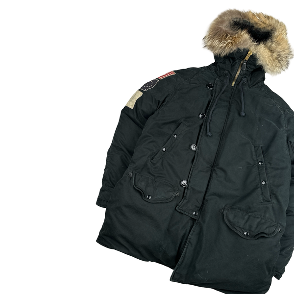 Ralph Lauren Black Down Filled Fur Hood Trim Puffer Jacket - Large